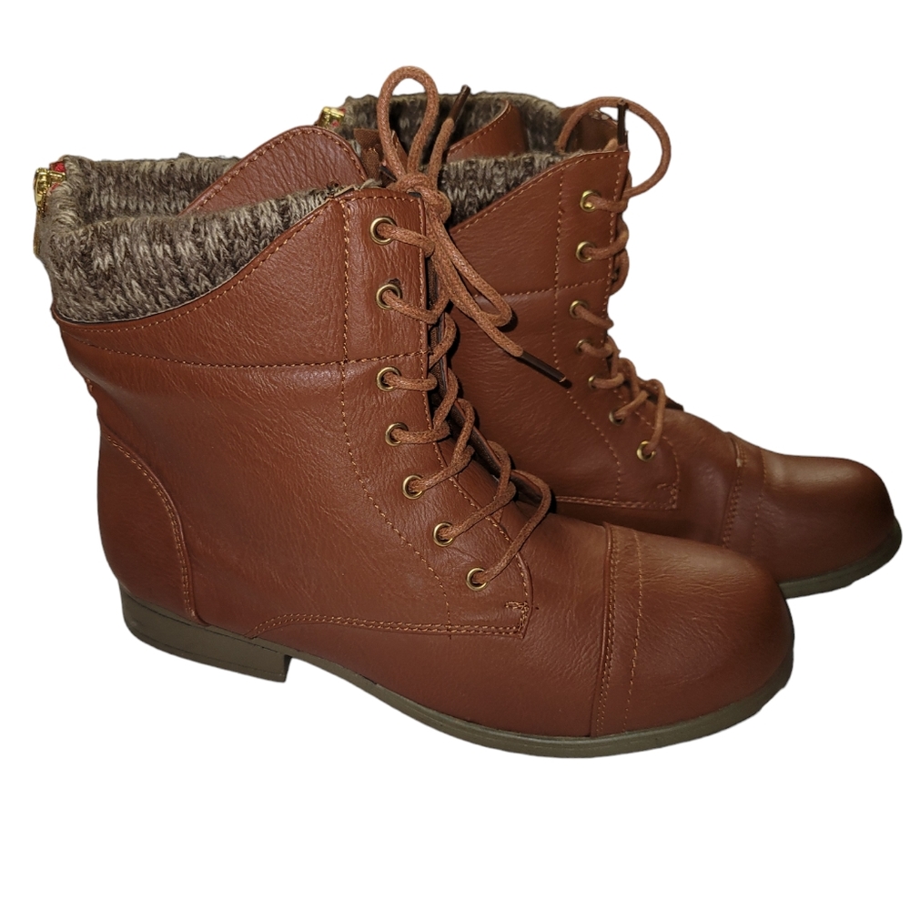 Rue 21 Etc! Brand Brown faux leather knit boot cuff laceup Ankle Boots sz 10 New